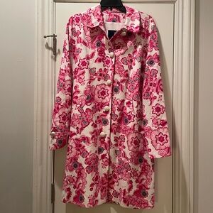 Pink floral Burberry trench with woven white buttons